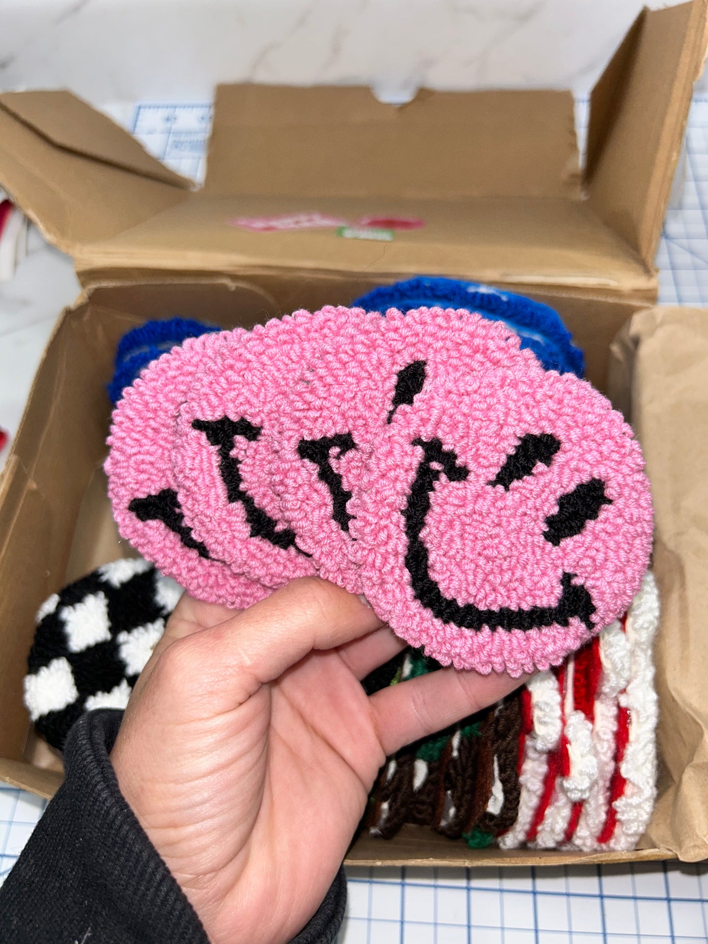 Pink Happy Face Car Coaster Set