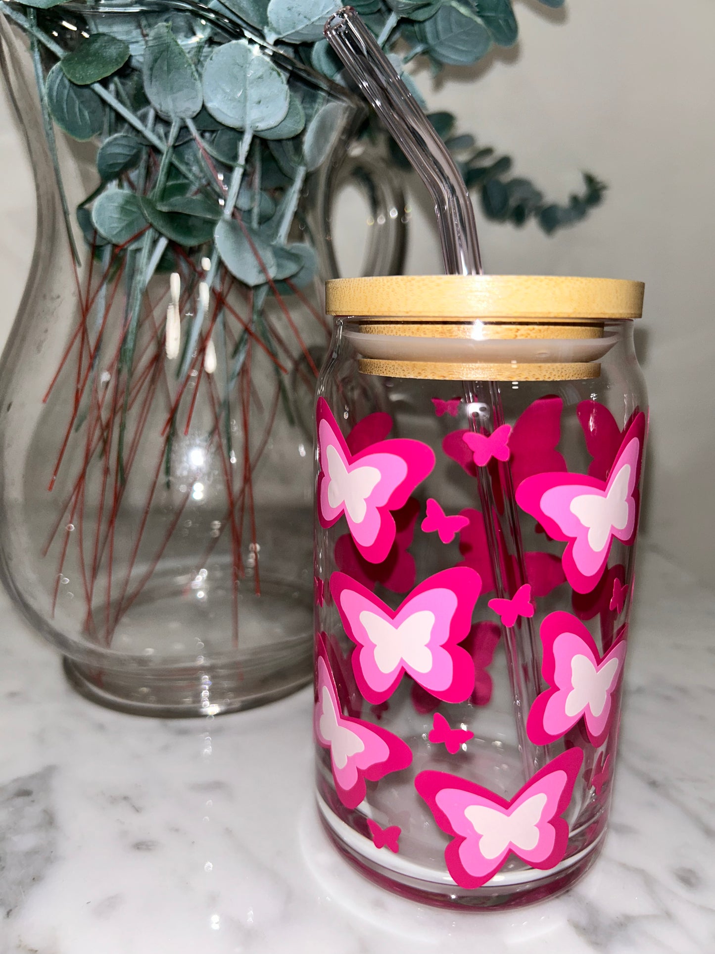 Pink Butterfly Beer Can Glass